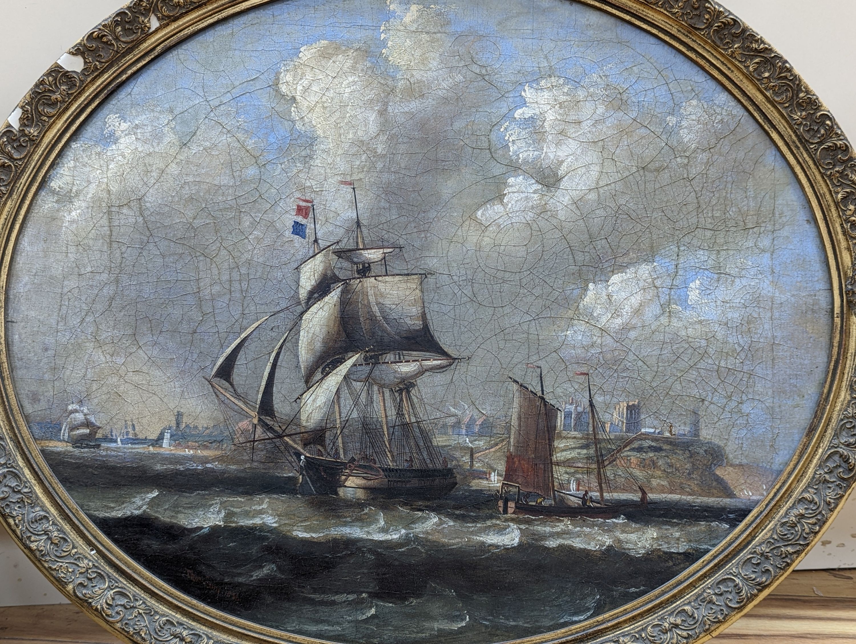 Attributed to Thomas Luny (1759-1837), oil on canvas laid on board, oval, Shipping off the coast, bears signature and date 1826, 48 x 58cm